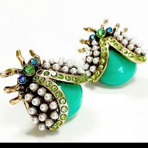 STATEMENT EARINGS W/ Green ladybugs faux pearls and rhinestones